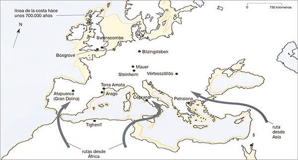 mapa ocupación de Europa por homininos