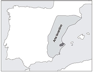  Distribución del arte levantino en la península Ibérica en sombreado gris claro y distribución del arte macroesquemático en gris oscuro